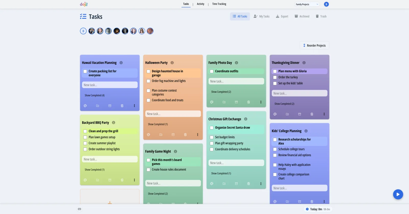 Tablero de tareas de dojii con los proyectos como columnas de colores