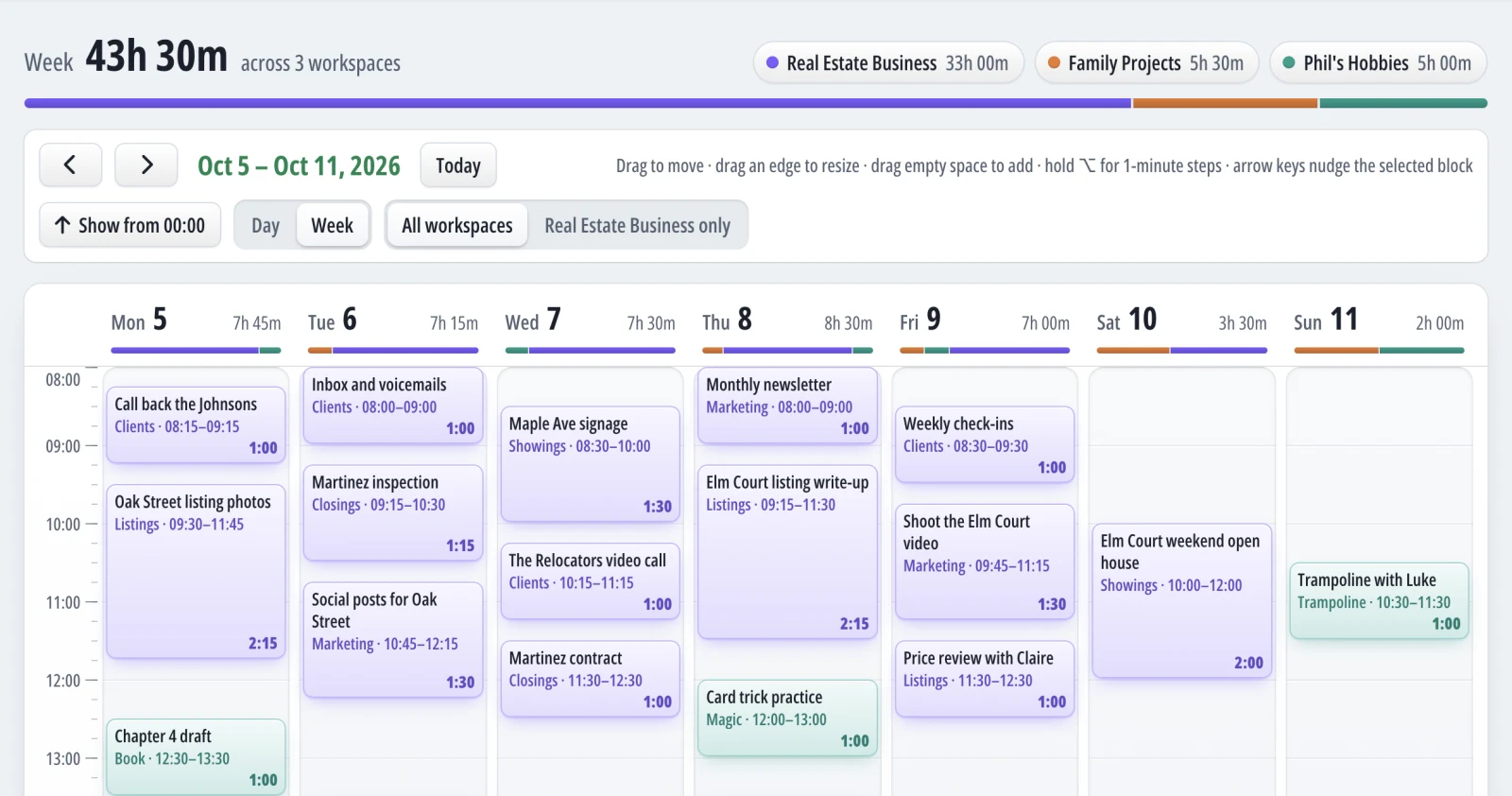 dojii's Timeline with a week of time entries from three workspaces