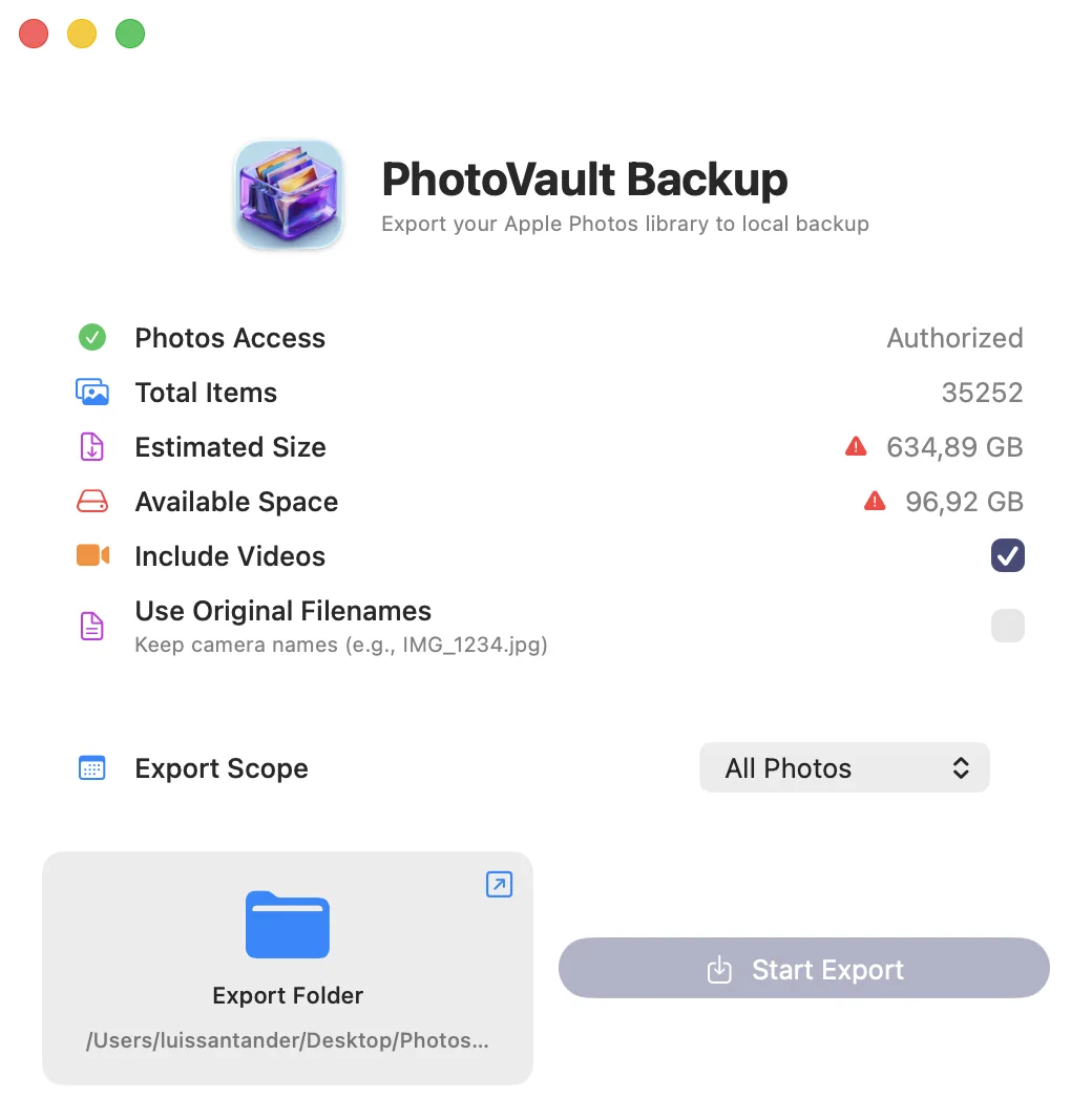 PhotoVault Backup's main window