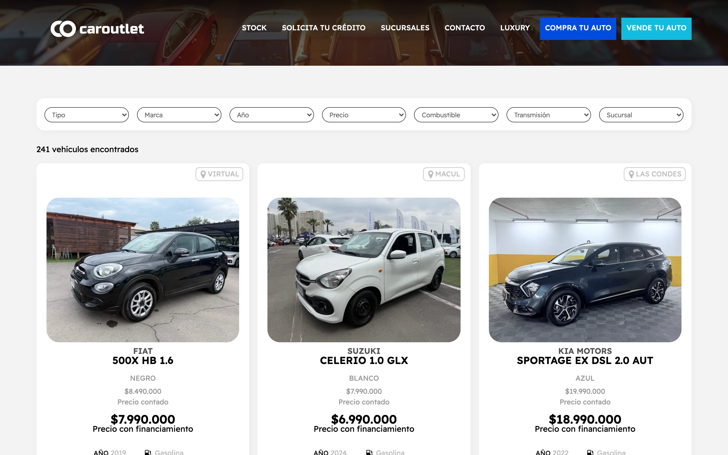 CarOutlet's stock catalogue, with filters and a card for each car