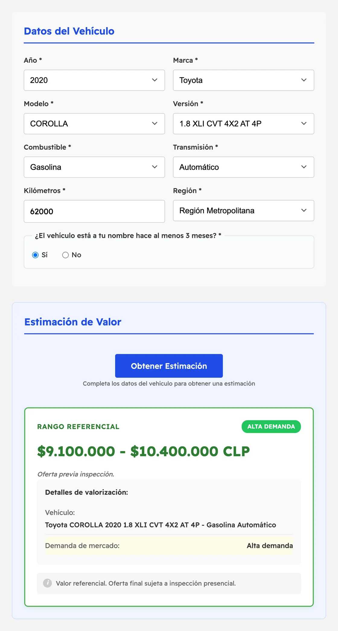 Formulario «Vende tu Auto» de CarOutlet con un Toyota Corolla 2020 elegido desde Autofact y su rango de oferta
