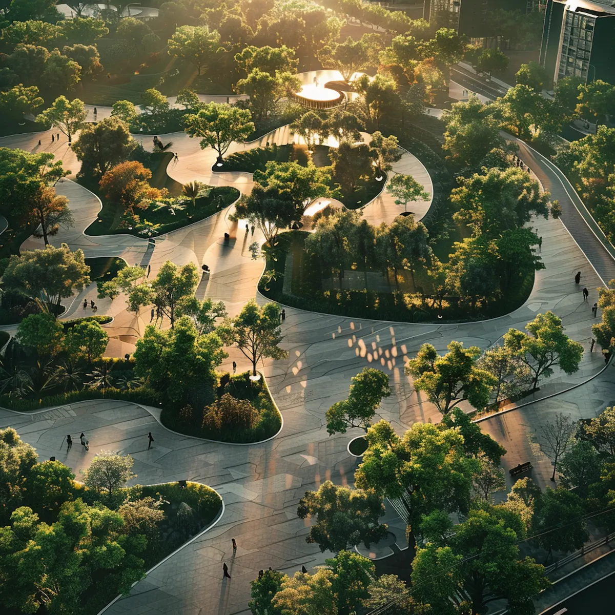 Aerial render of a park with paths and trees