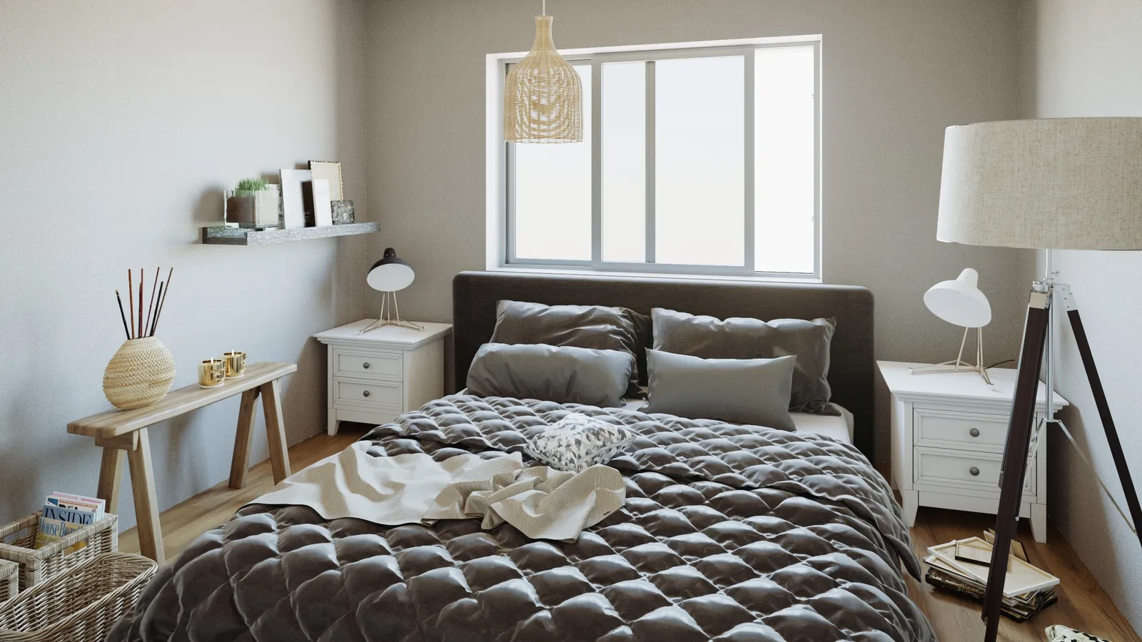 Render of a bedroom with a grey quilted duvet and white bedside tables