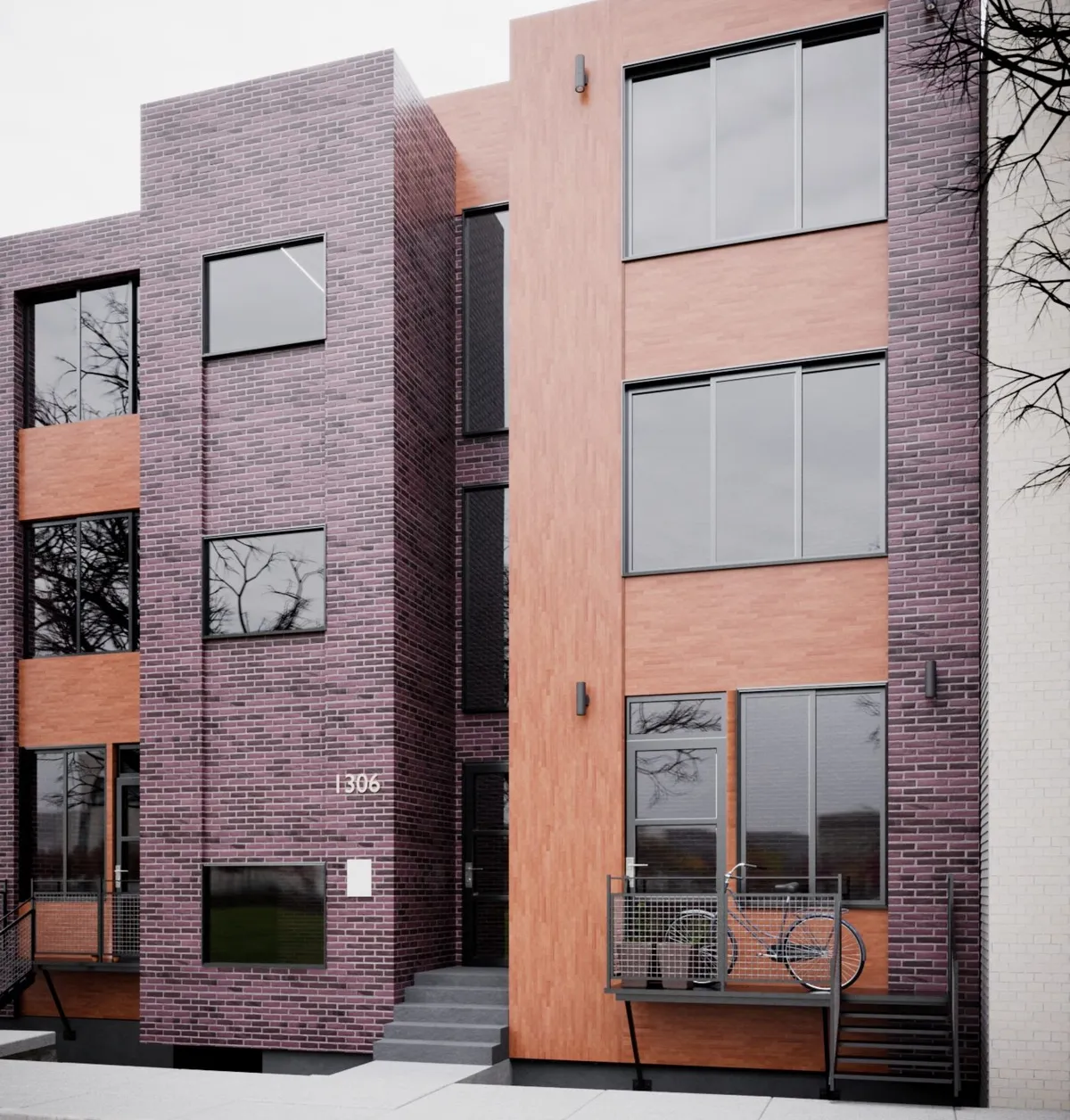 Render of the facade of a three-storey brick building