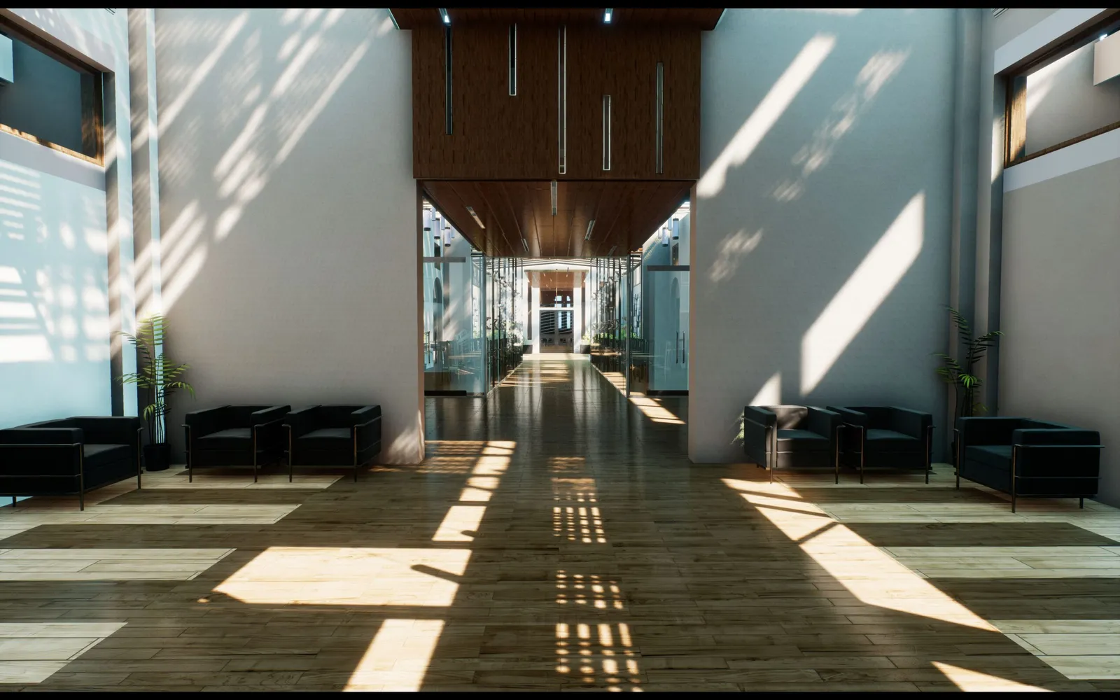 Render of an entrance hall with a wooden floor and light coming through the windows