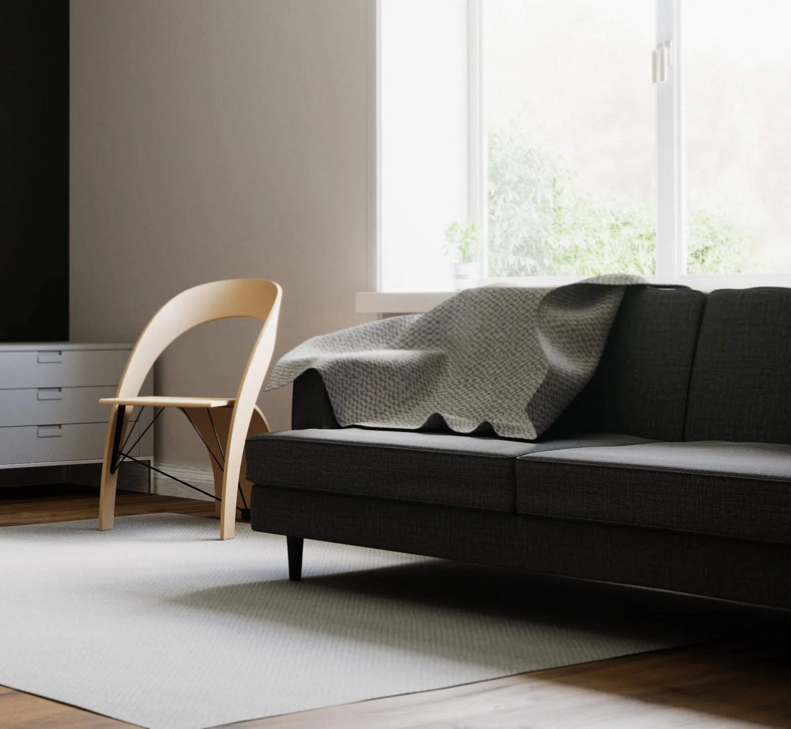 Render of a living room with a grey sofa and a curved wooden chair